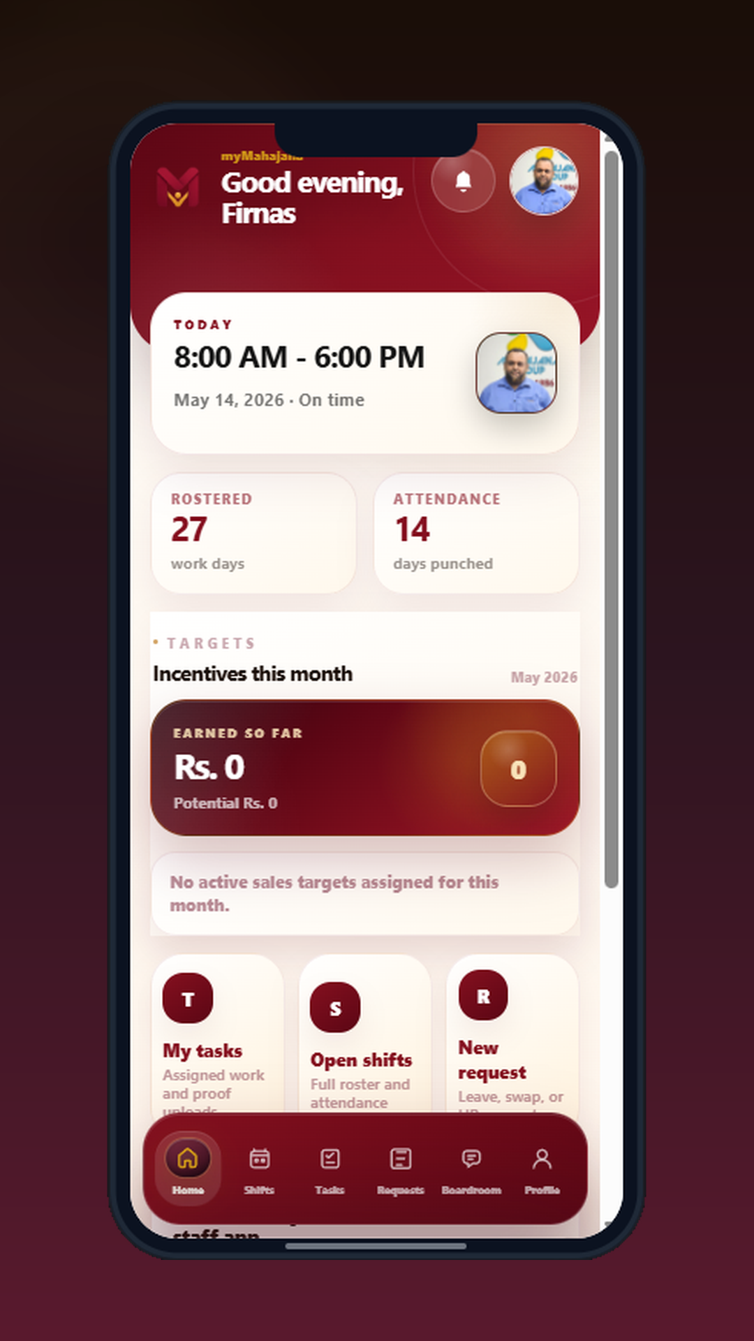 myMahajana home screen with today's shift, rostered days and live attendance