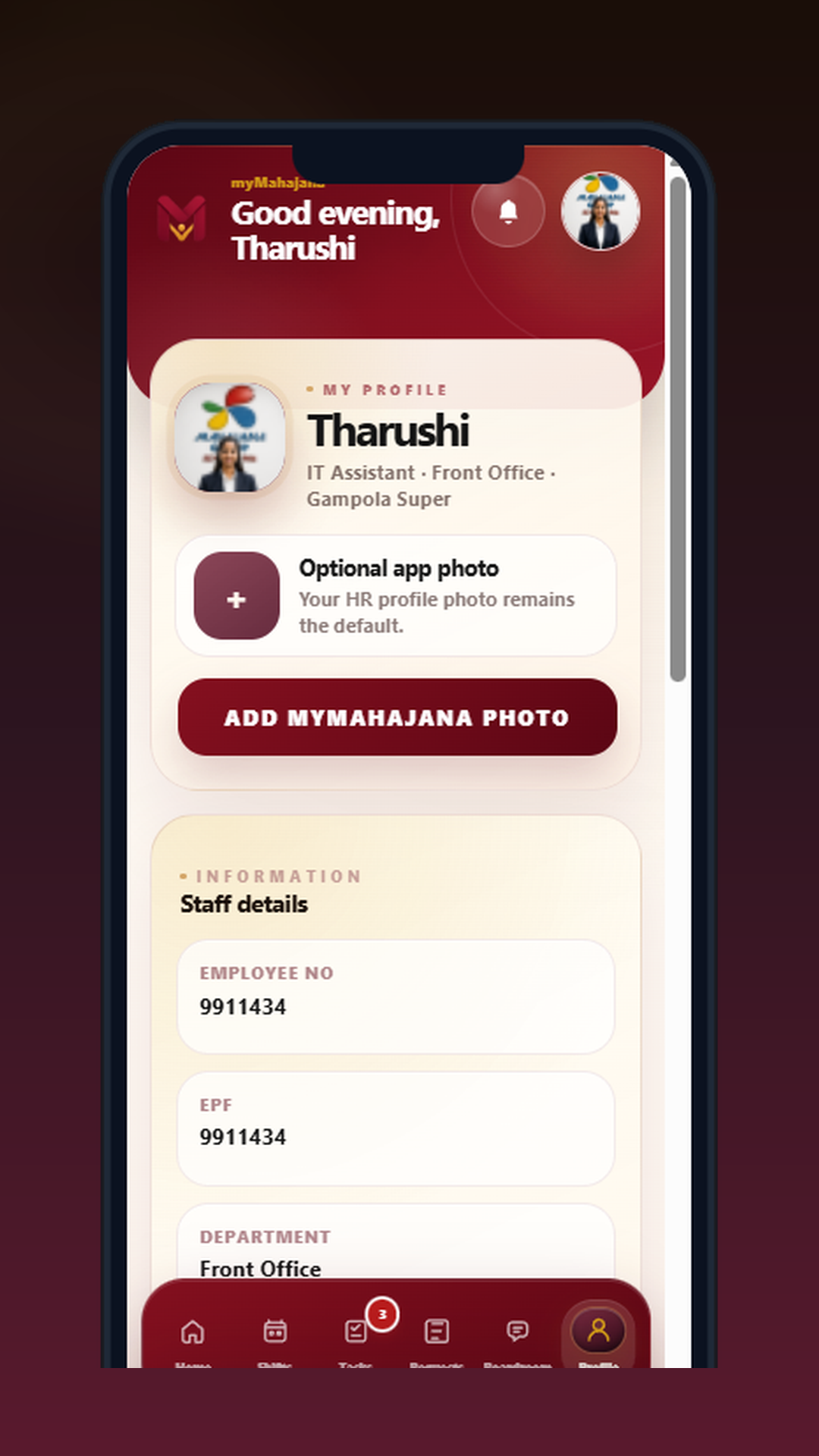 Staff profile with employee number, EPF and department details
